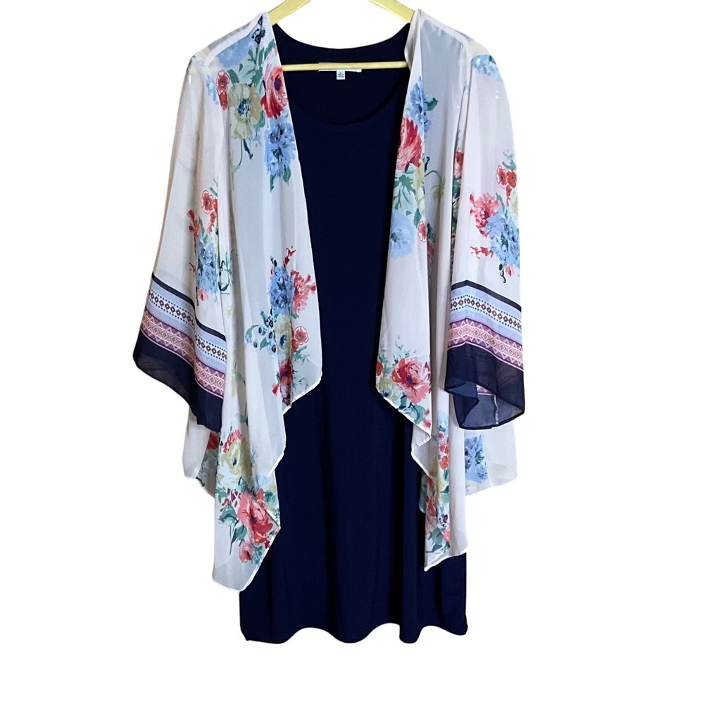 Studio One Navy Blue Dress with Floral Kimono Overlay Women's‎ Size Large